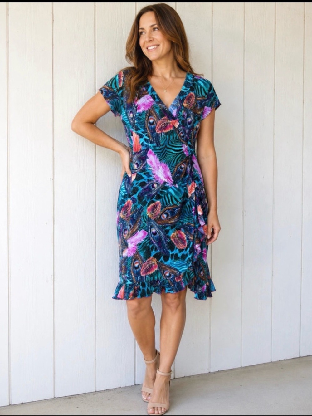Joseph Ribkoff Teal & Green Floral Wrap Midi Dress